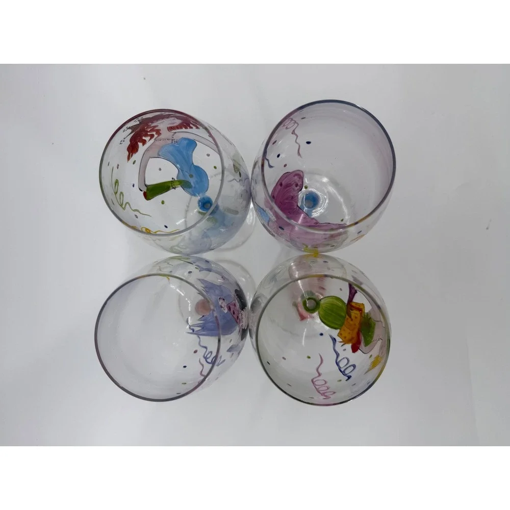 Whimsical Party Girls‎ Hand Painted Wine Glasses Set of 4 Colorful Stemware 9in